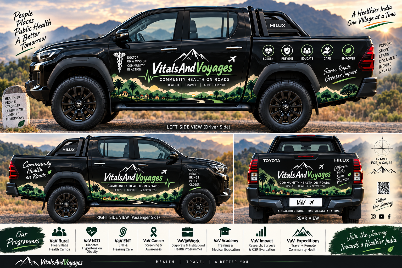 Provided VitalsAndVoyages concept design showing the left, right and rear views of a black Toyota Hilux community health vehicle
